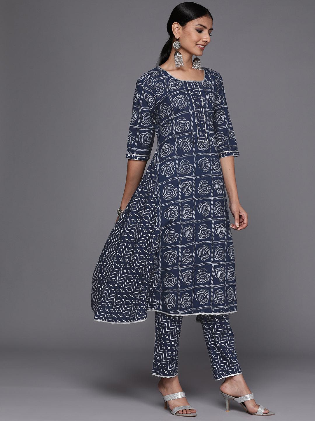 Blue Printed Cotton A-Line Suit Set