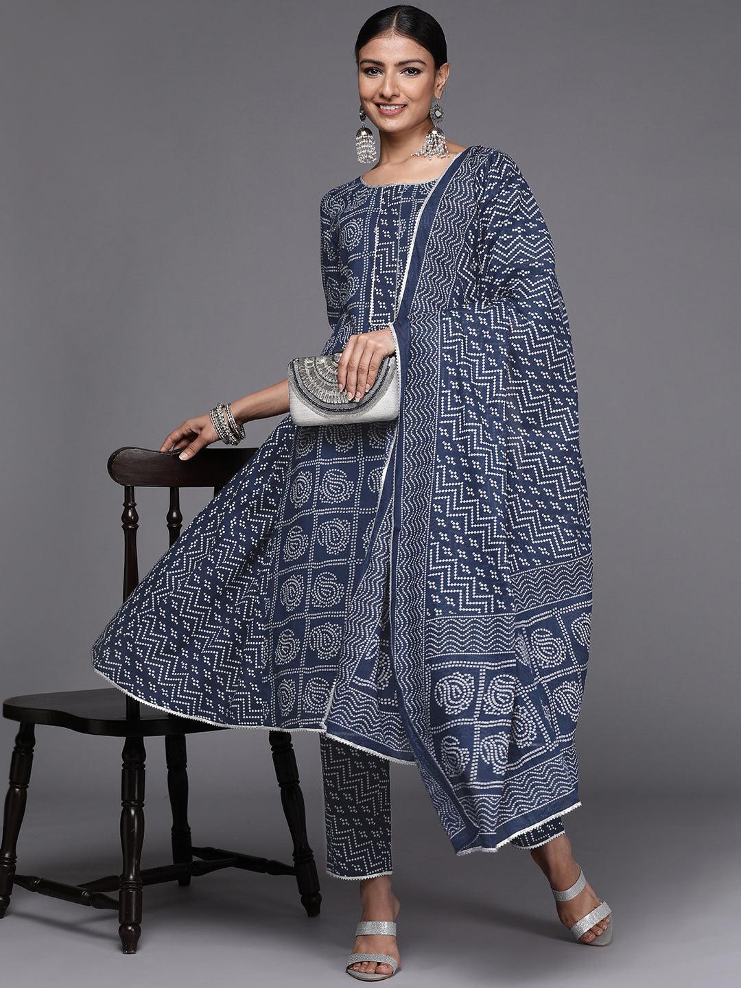 Blue Printed Cotton A-Line Suit Set