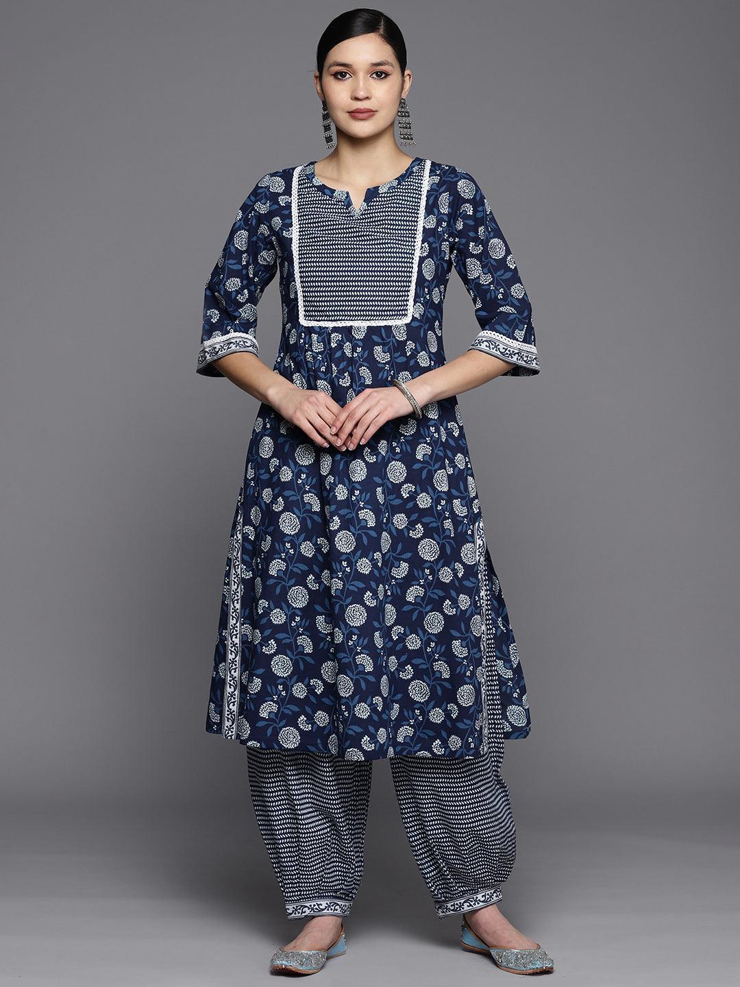 Blue Printed Cotton A-Line Kurta Set With Salwar