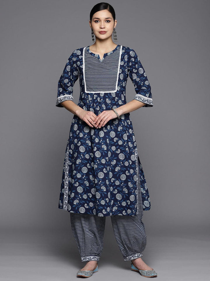 Blue Printed Cotton A-Line Kurta Set With Salwar - ShopLibas