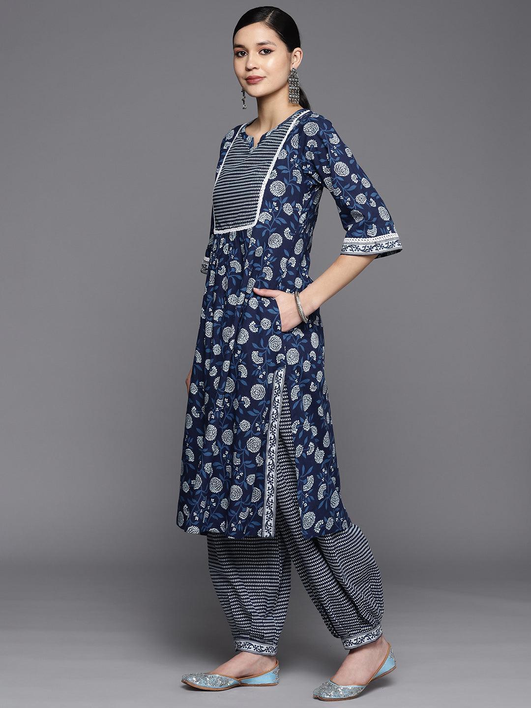 Blue Printed Cotton A-Line Kurta Set With Salwar