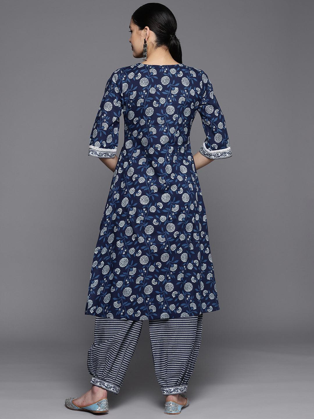 Blue Printed Cotton A-Line Kurta Set With Salwar