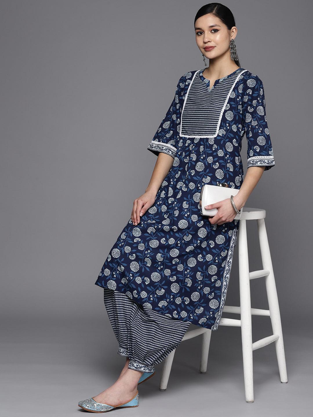 Blue Printed Cotton A-Line Kurta Set With Salwar