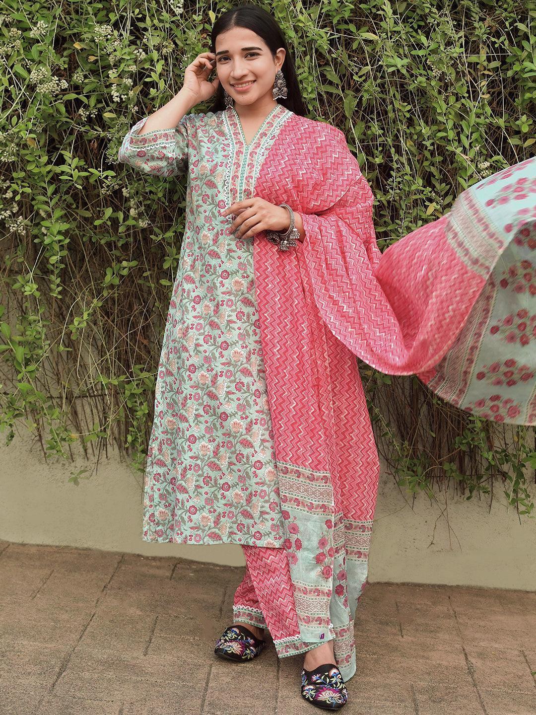 Blue Printed Cotton A-Line Suit Set With Trousers - ShopLibas