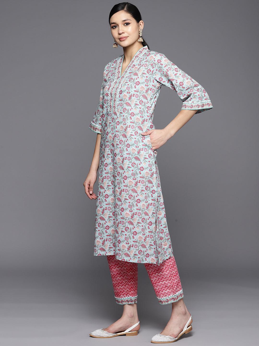 Blue Printed Cotton A-Line Suit Set With Trousers - ShopLibas