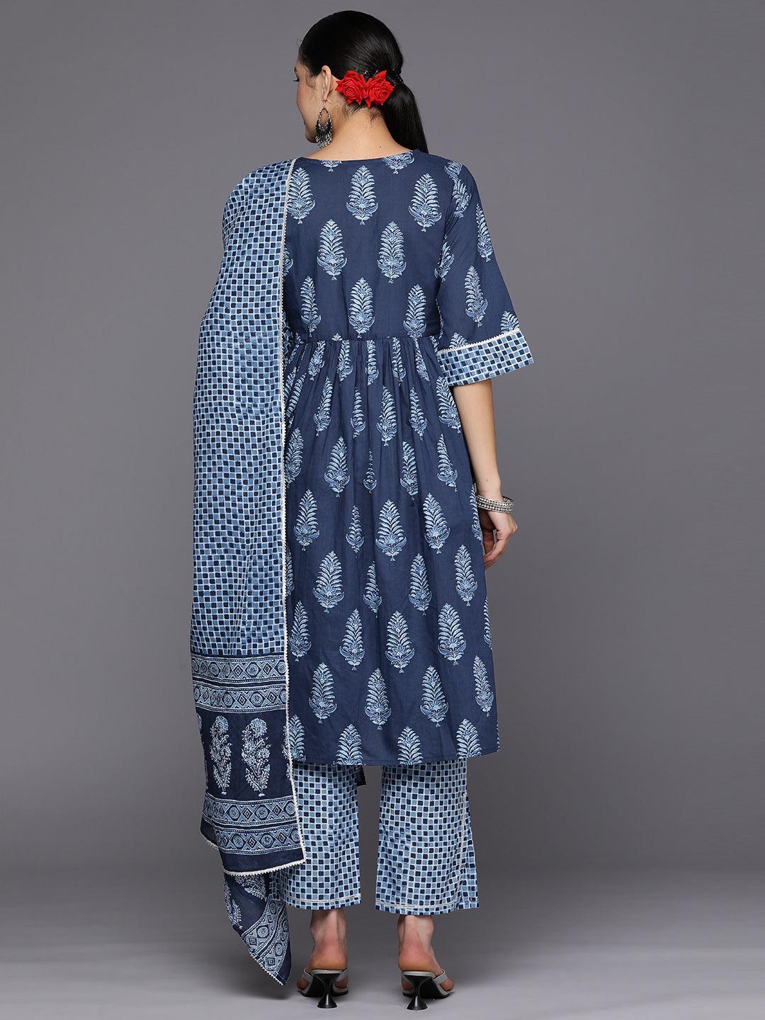 Blue Printed Cotton A-Line Suit Set With Trousers - ShopLibas