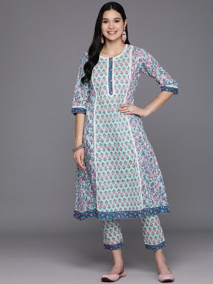 Blue Printed Cotton A-Line Kurta Set With Trousers - Libas