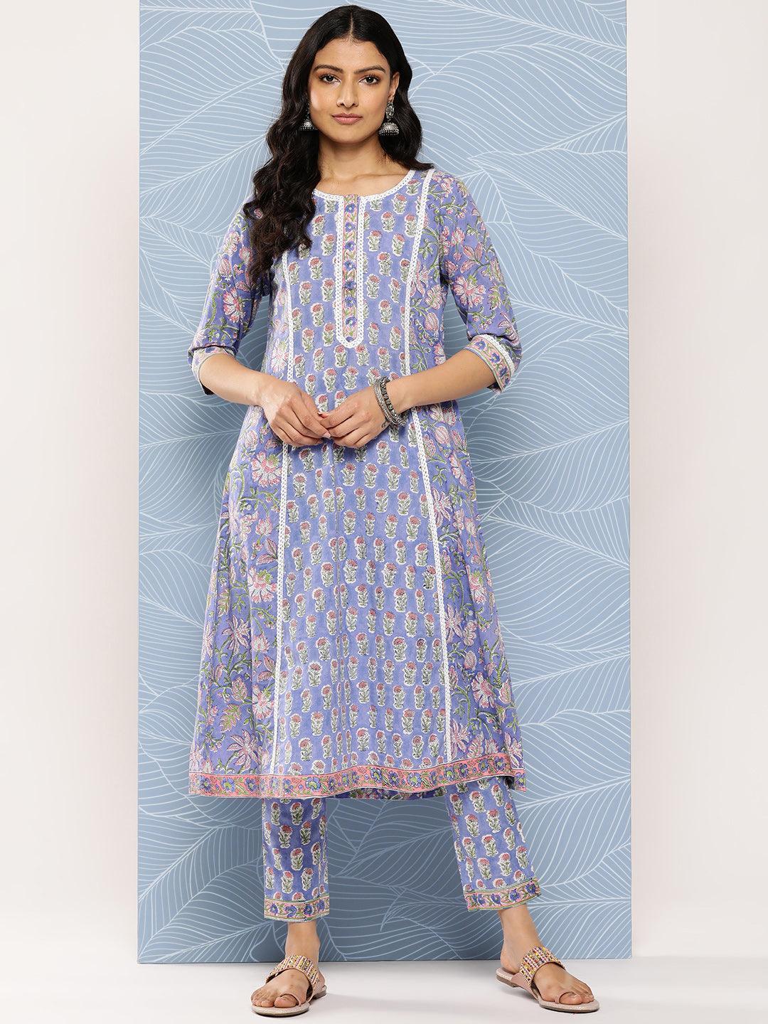 Blue Printed Cotton A-Line Kurta Set With Trousers - Libas