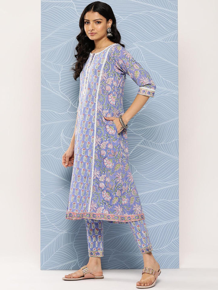 Blue Printed Cotton A-Line Kurta Set With Trousers - Libas