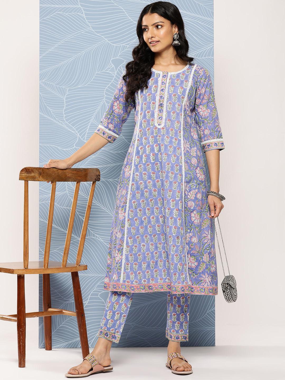 Blue Printed Cotton A-Line Kurta Set With Trousers - Libas