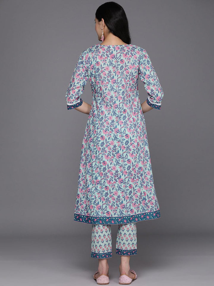 Blue Printed Cotton A-Line Kurta Set With Trousers - Libas