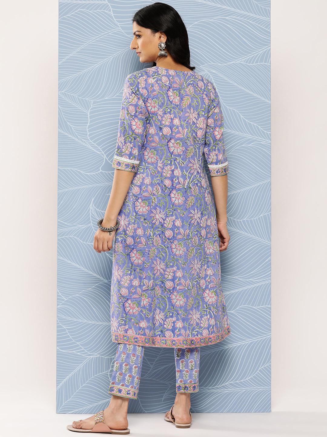 Blue Printed Cotton A-Line Kurta Set With Trousers - Libas