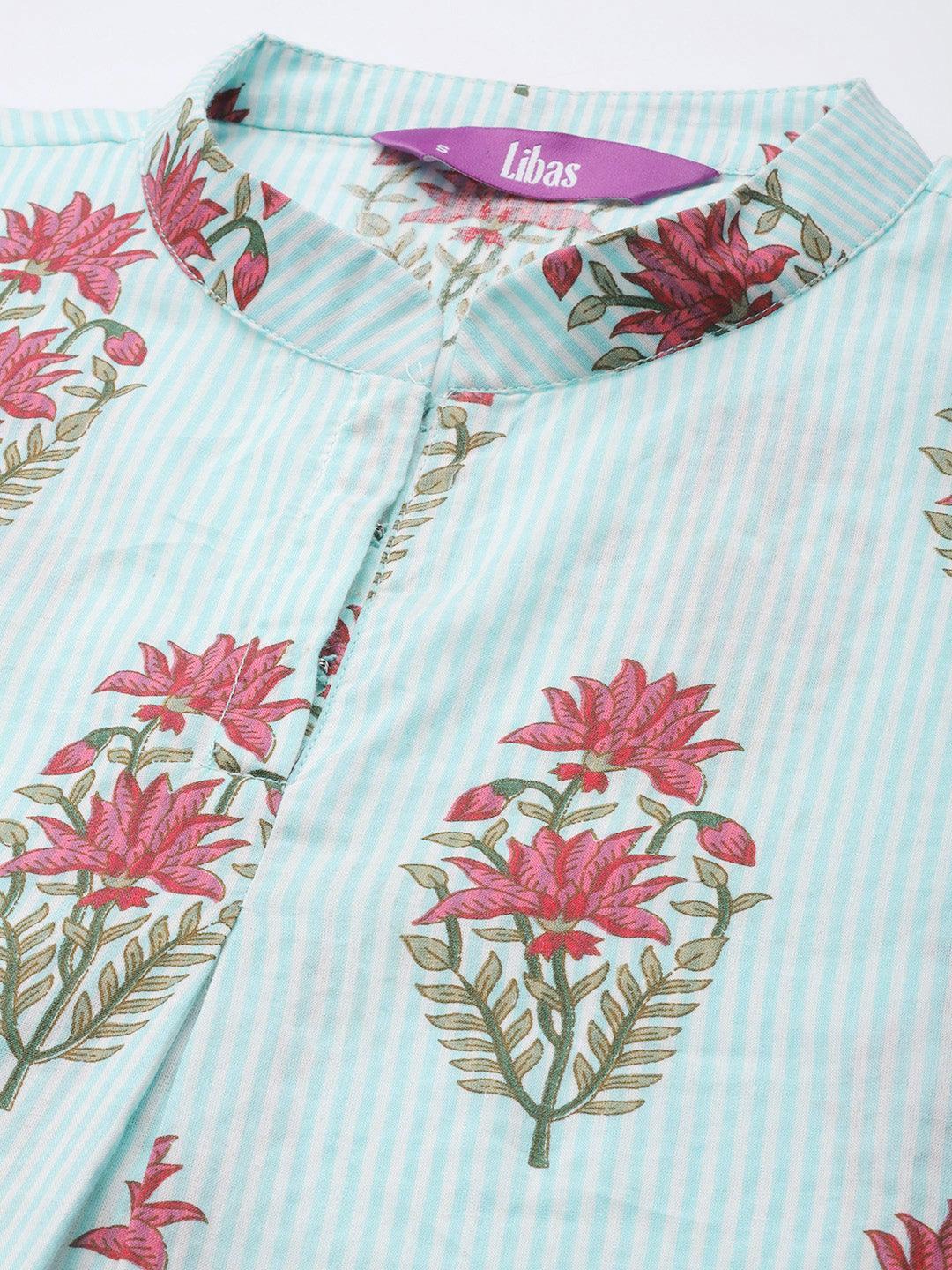 Blue Printed Cotton Kurta Set - ShopLibas