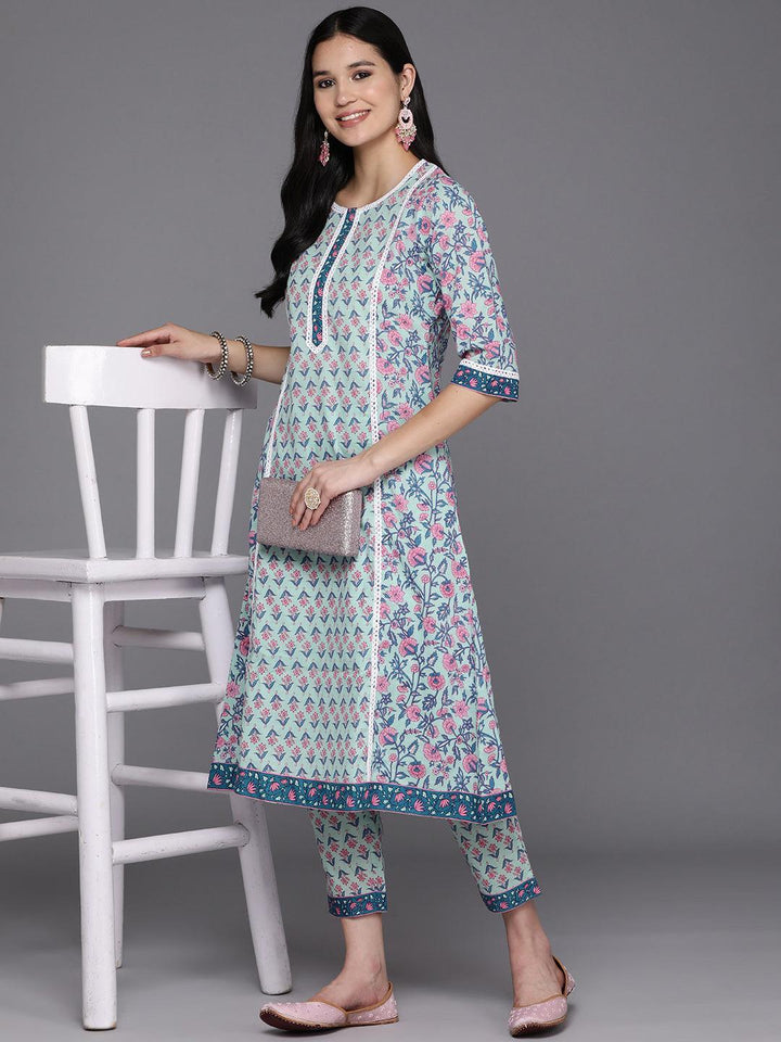 Blue Printed Cotton A-Line Kurta Set With Trousers - Libas