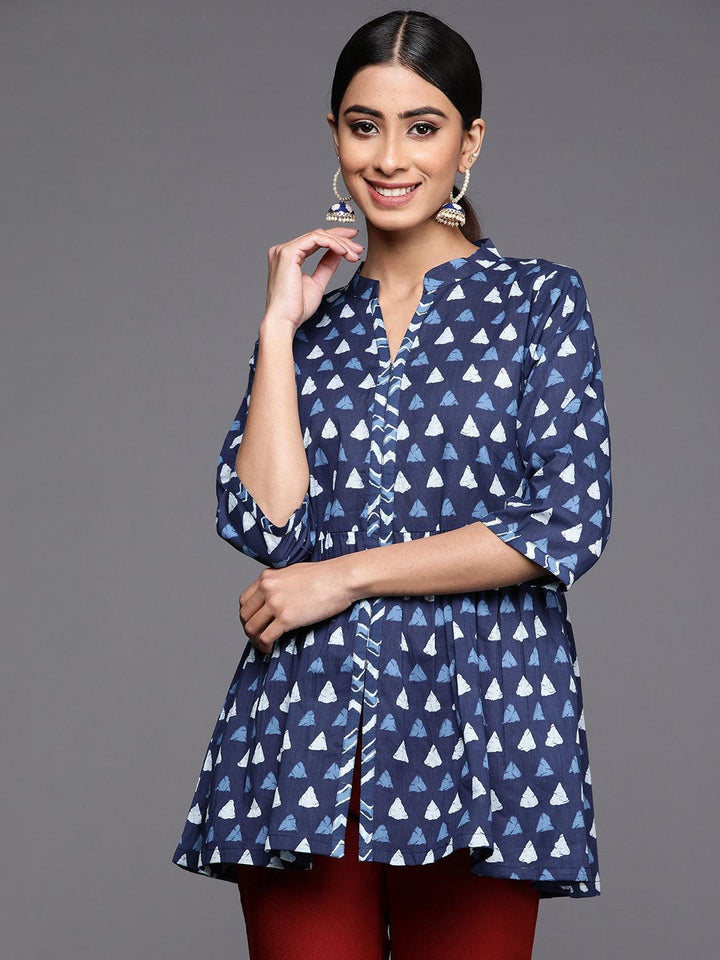 Blue Printed Cotton A-Line Kurti - Libas