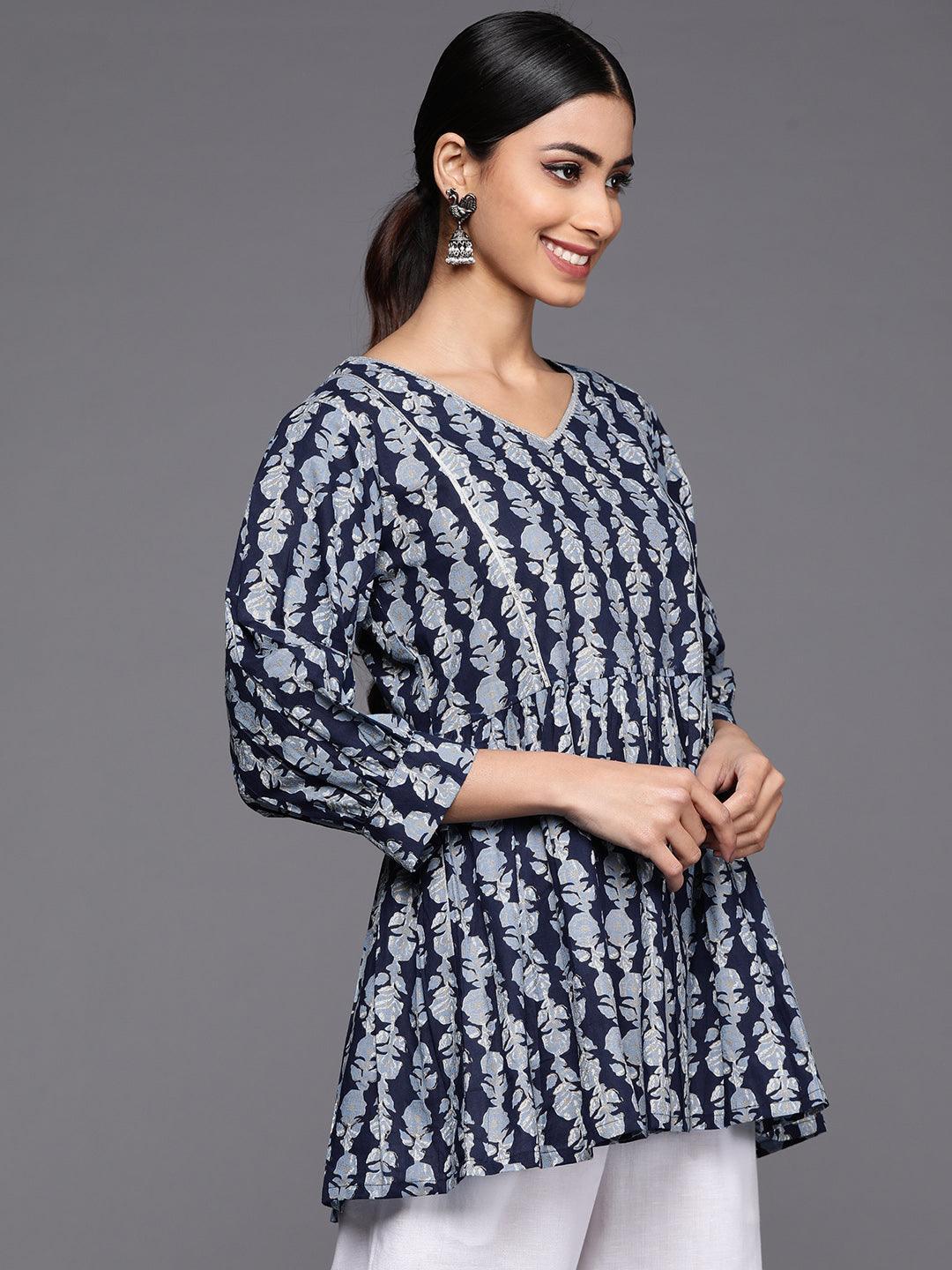 Blue Printed Cotton A-Line Kurti - Libas