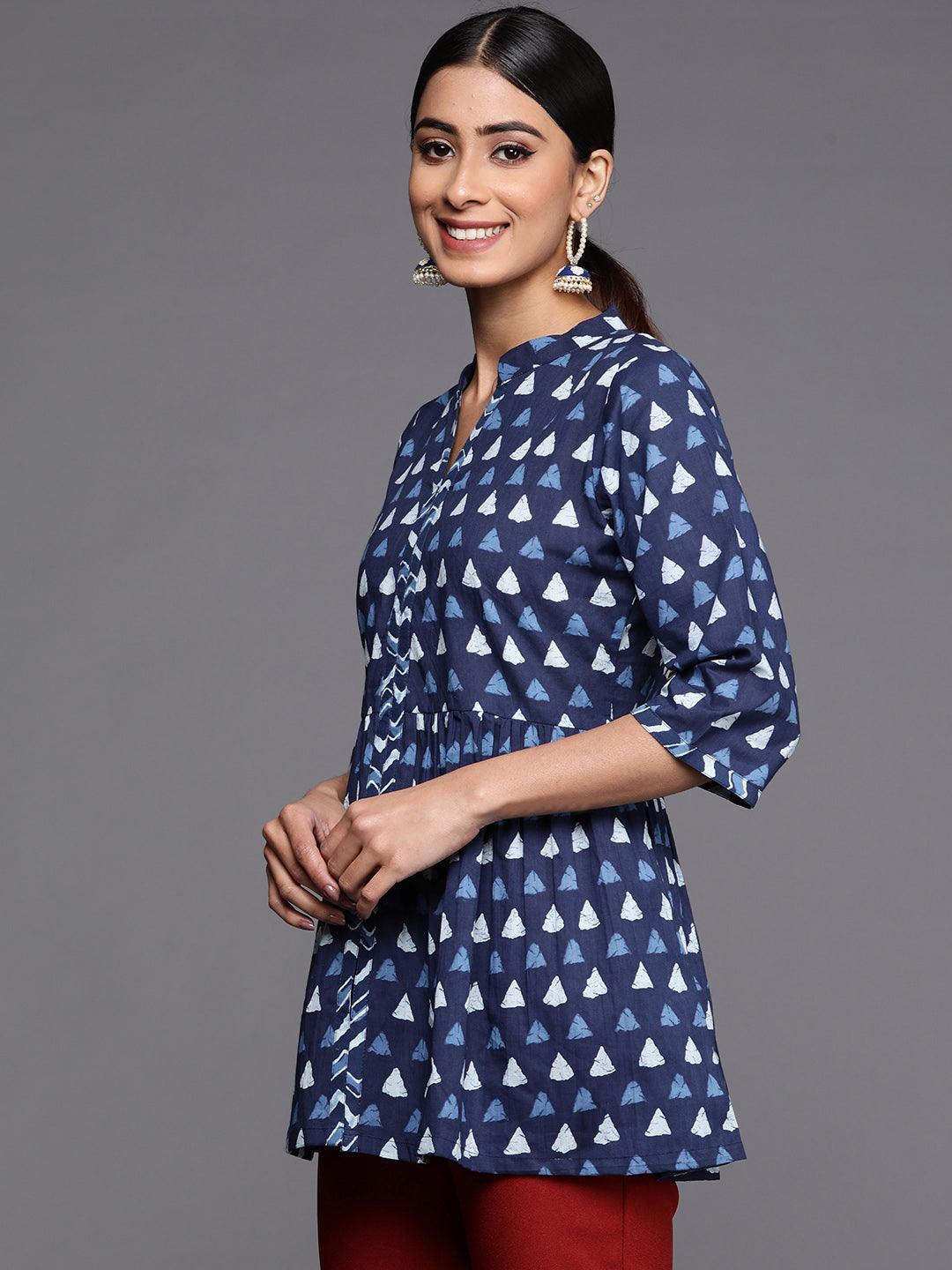 Blue Printed Cotton A-Line Kurti