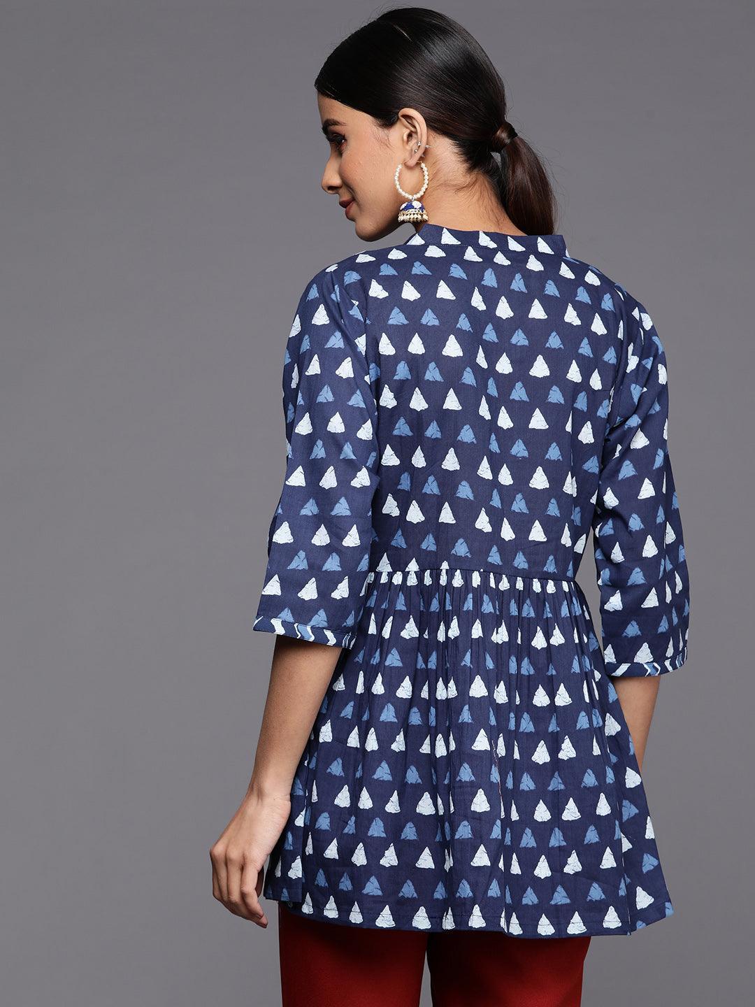 Blue Printed Cotton A-Line Kurti