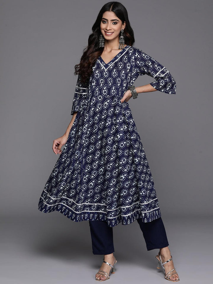 Blue Printed Cotton Anarkali Kurta - Libas