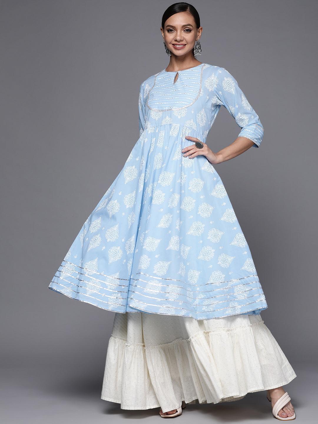 Blue Printed Cotton Anarkali Kurta - ShopLibas