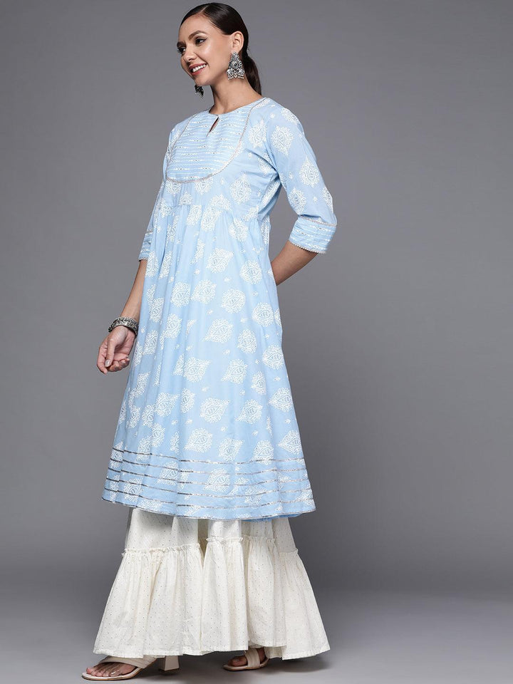 Blue Printed Cotton Anarkali Kurta - ShopLibas