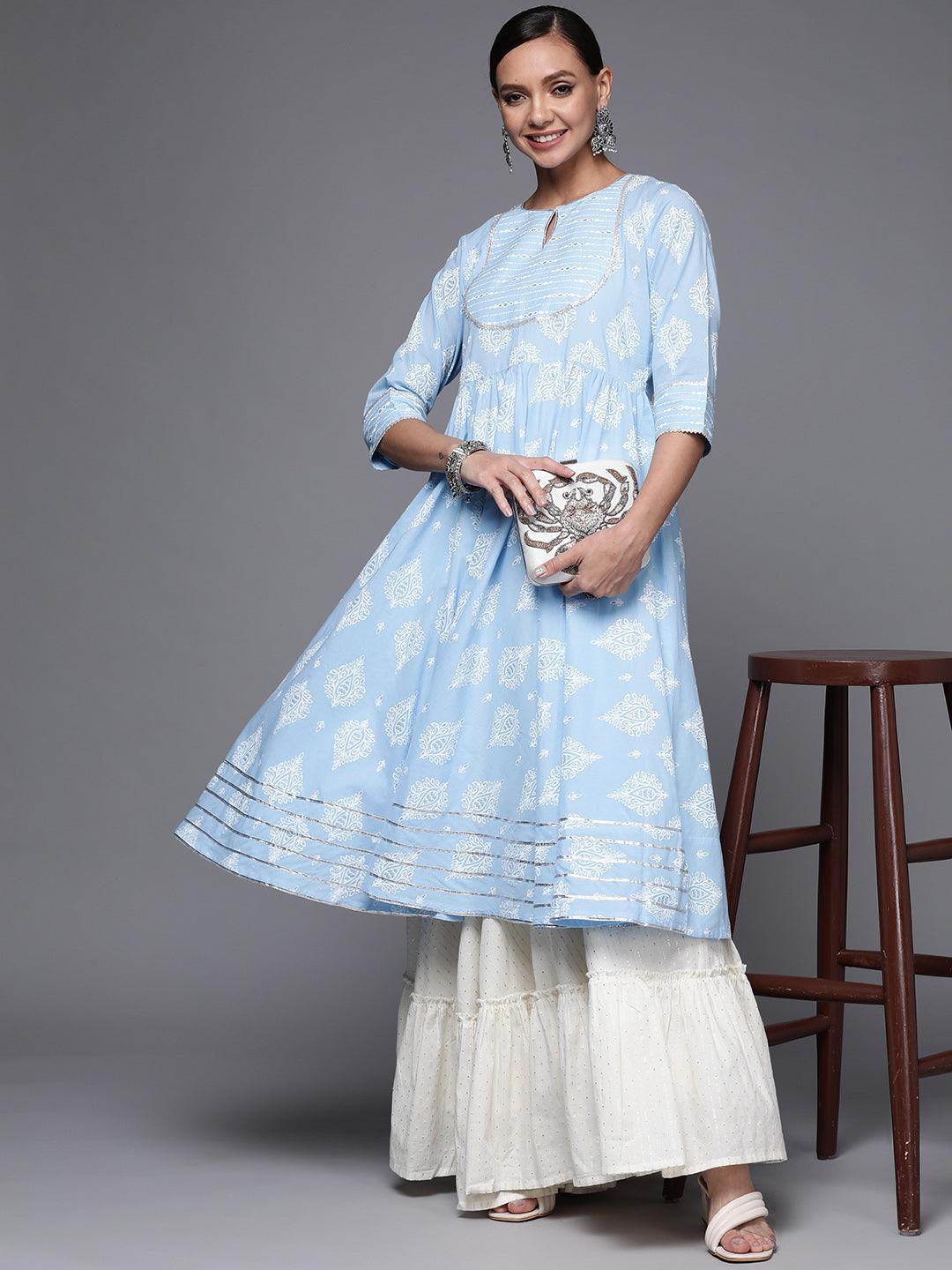 Blue Printed Cotton Anarkali Kurta - ShopLibas