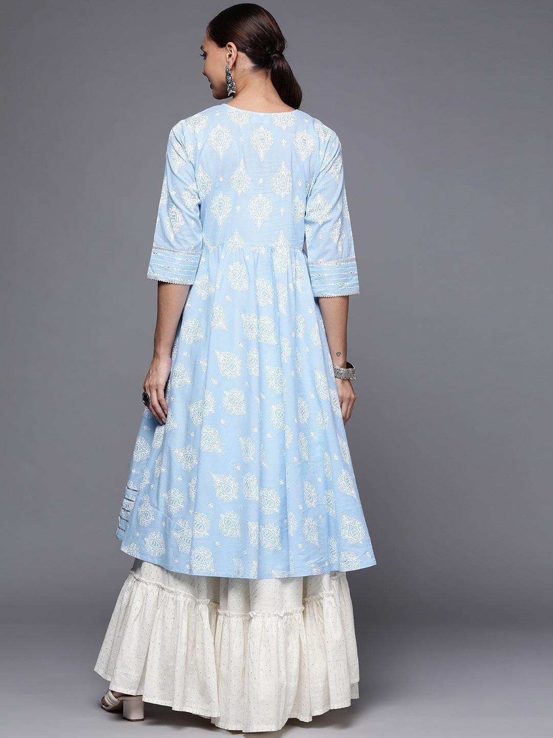 Blue Printed Cotton Anarkali Kurta - ShopLibas