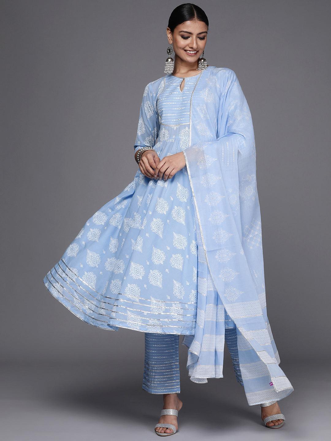 Blue Printed Cotton Anarkali Suit Set