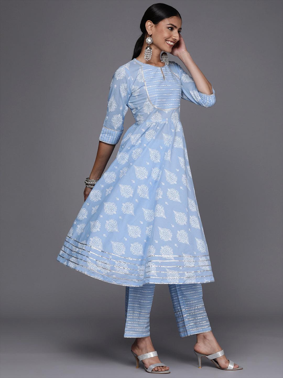 Blue Printed Cotton Anarkali Suit Set