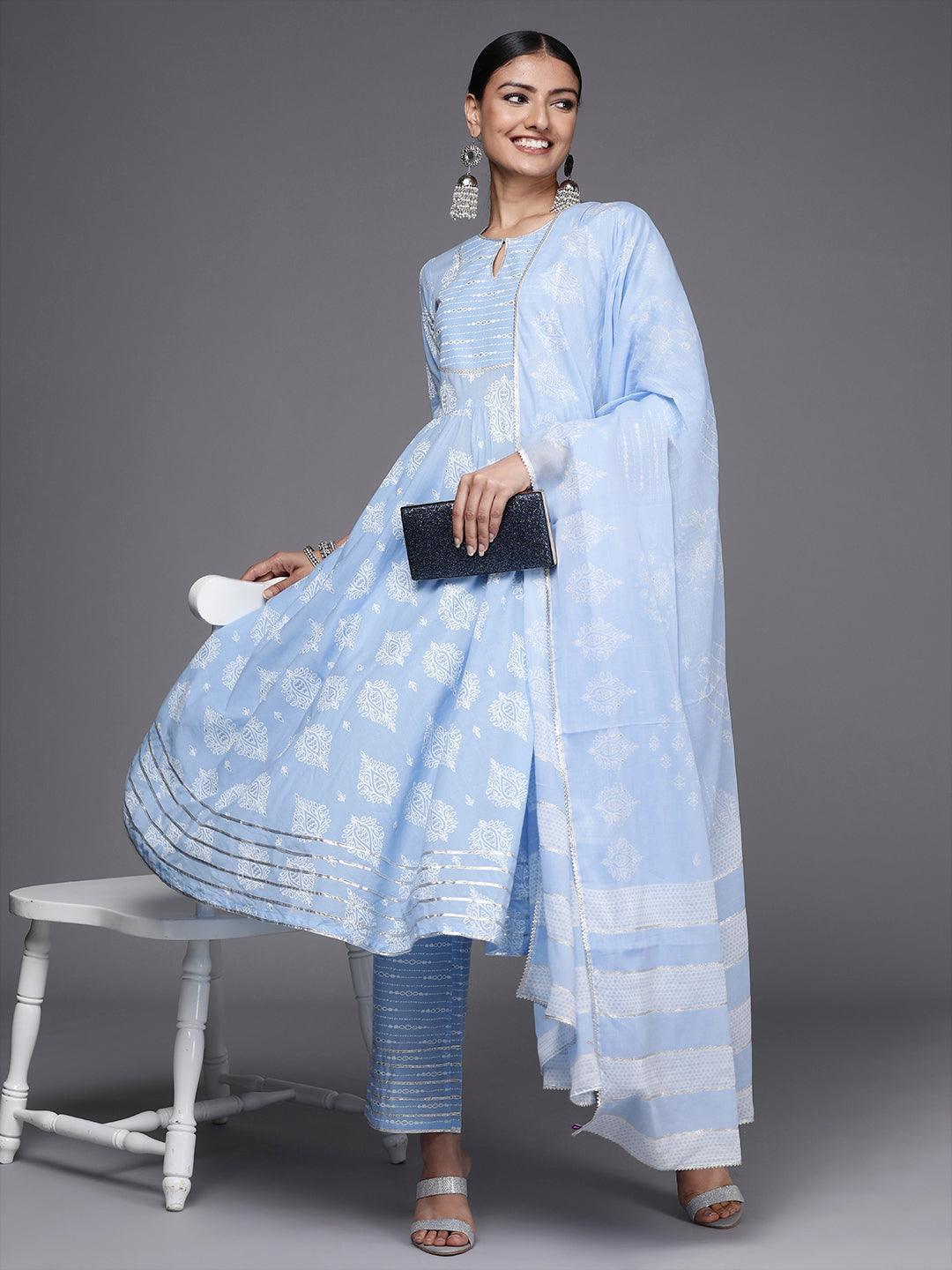 Blue Printed Cotton Anarkali Suit Set