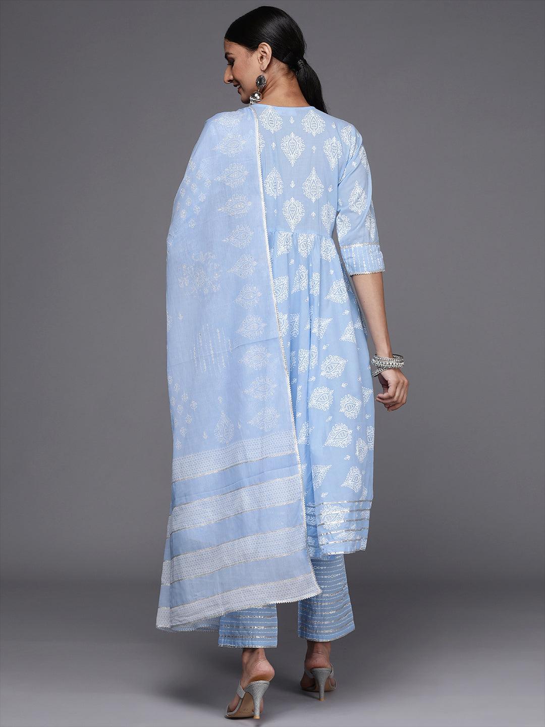 Blue Printed Cotton Anarkali Suit Set