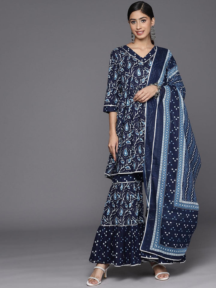 Blue Printed Cotton Anarkali Suit Set With Sharara - ShopLibas