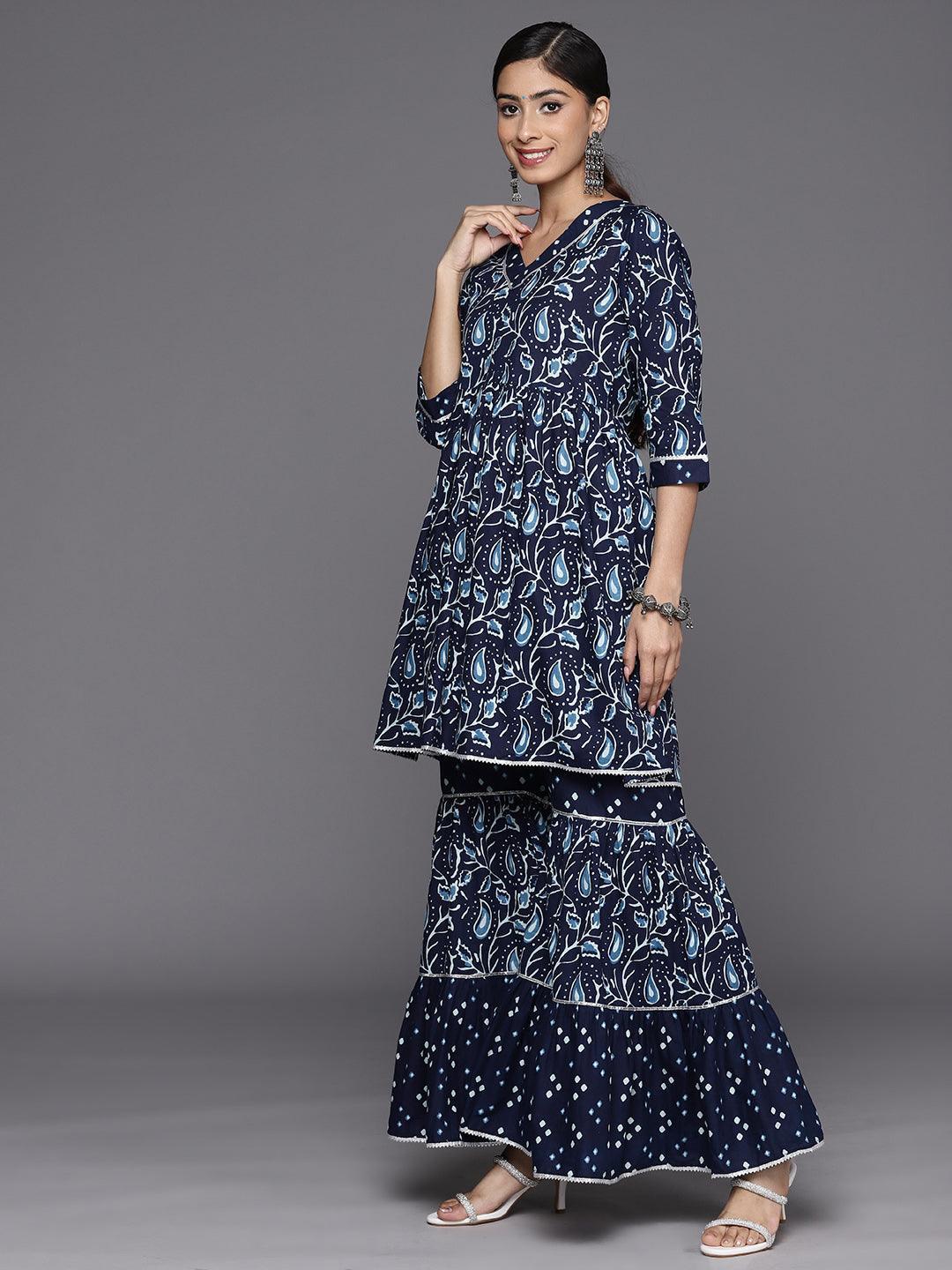 Blue Printed Cotton Anarkali Suit Set With Sharara - ShopLibas