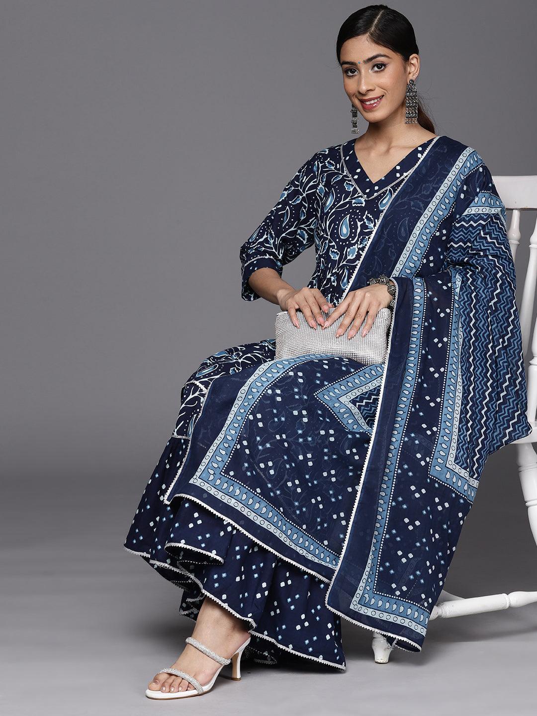 Blue Printed Cotton Anarkali Suit Set With Sharara - ShopLibas