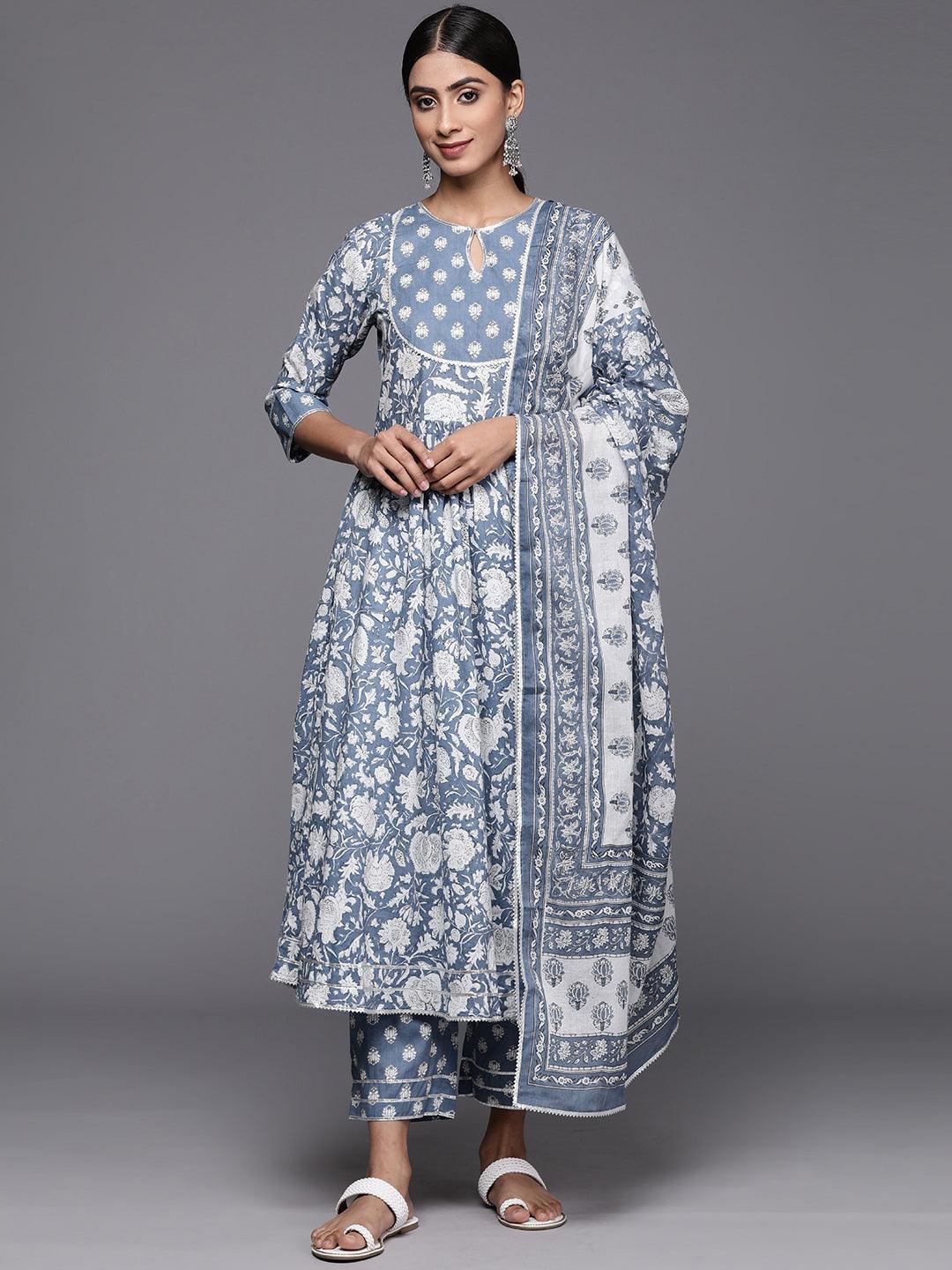 Blue Printed Cotton Anarkali Kurta With Trousers & Dupatta