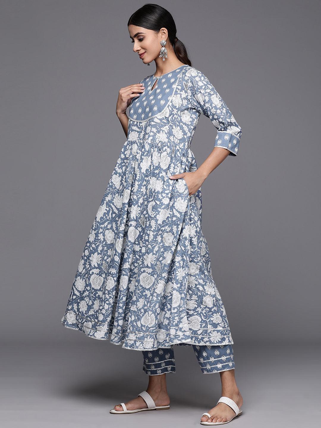 Blue Printed Cotton Anarkali Kurta With Trousers & Dupatta