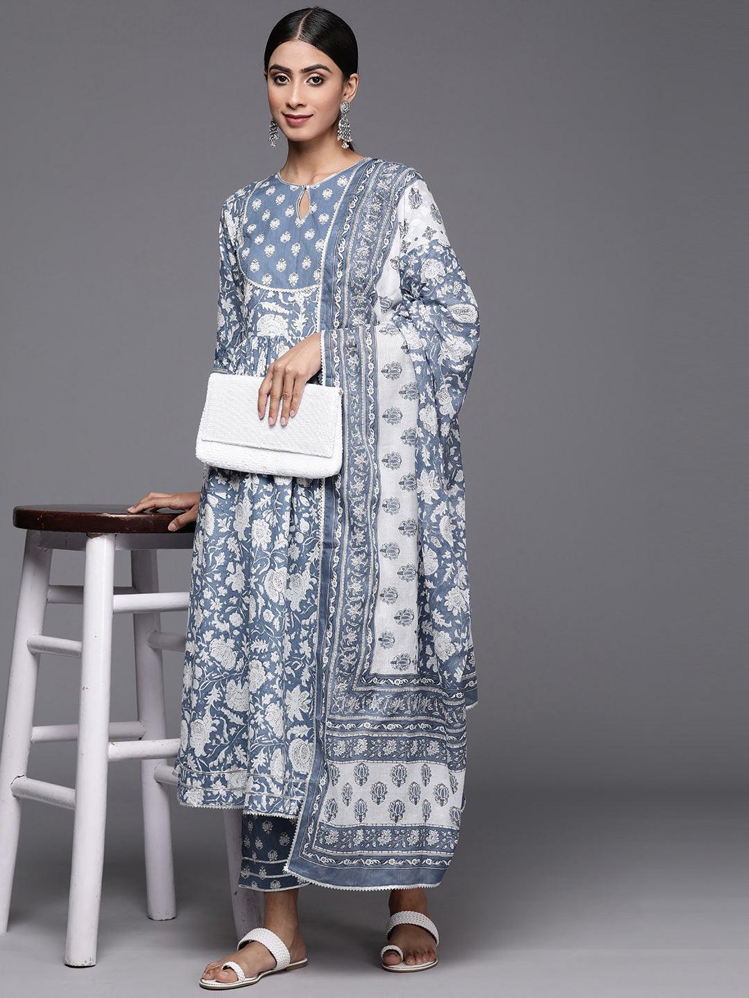 Blue Printed Cotton Anarkali Kurta With Trousers & Dupatta