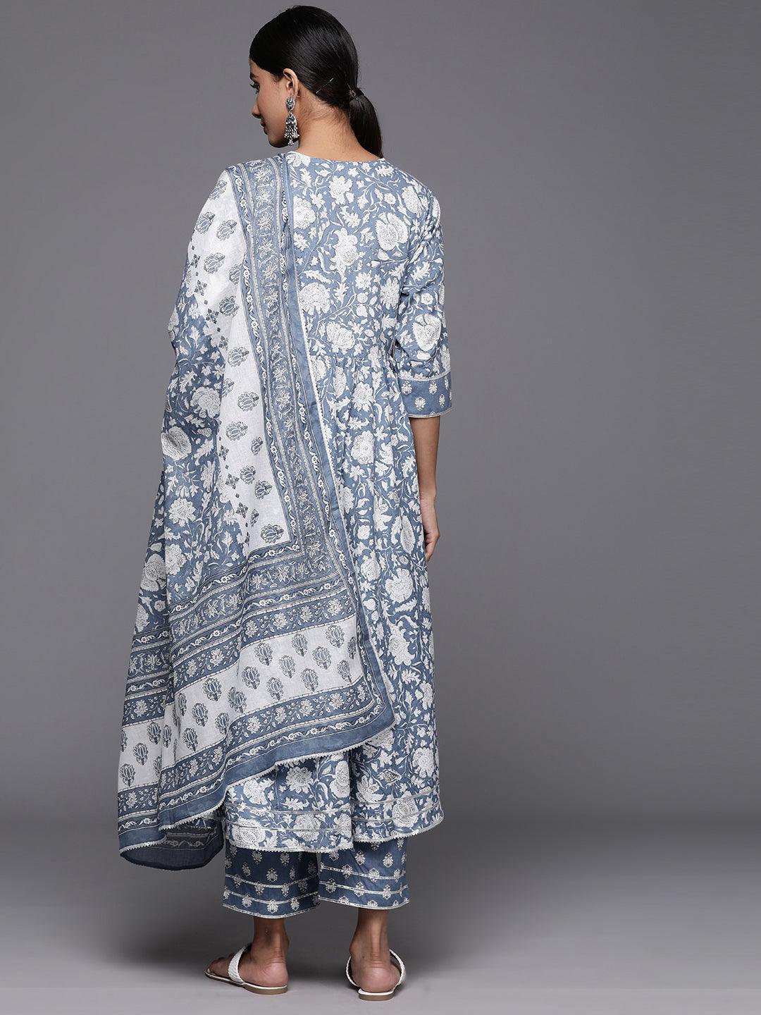 Blue Printed Cotton Anarkali Kurta With Trousers & Dupatta