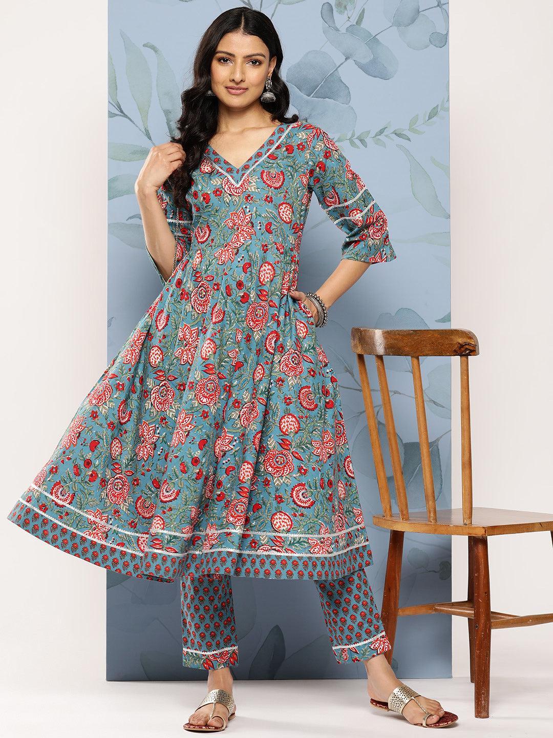 Blue Printed Cotton Anarkali Kurta Set With Trousers - Libas