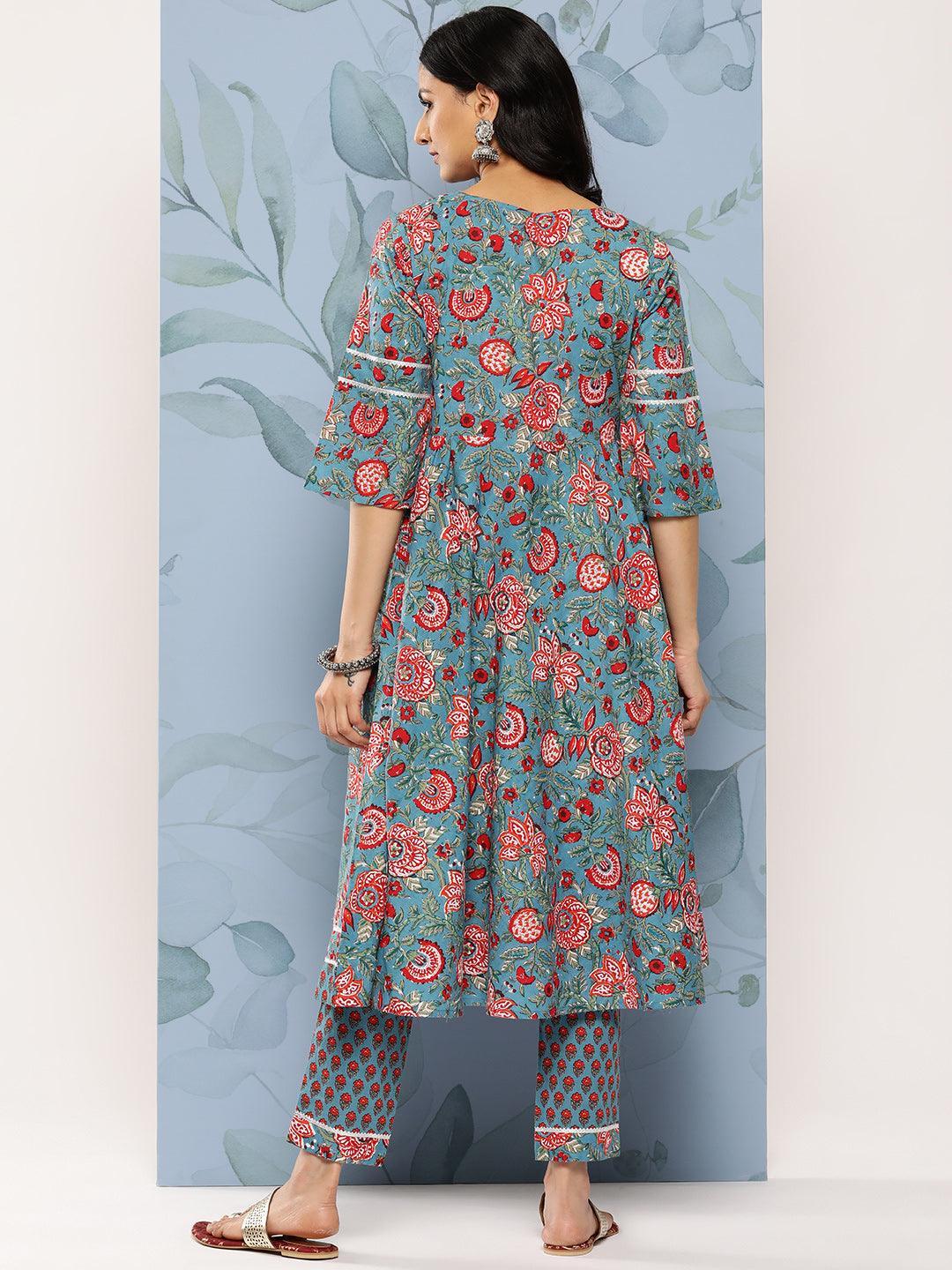 Blue Printed Cotton Anarkali Kurta Set With Trousers - Libas