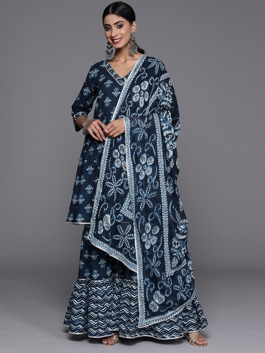 Blue Printed Cotton Anarkali Kurti With Sharara & Dupatta