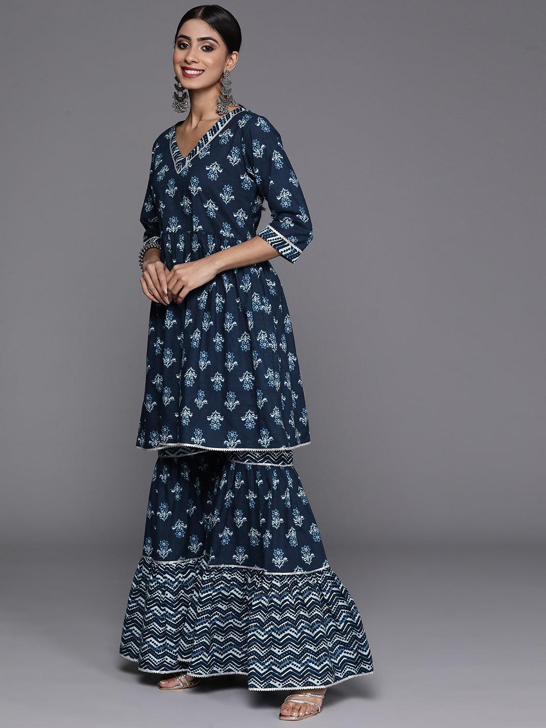 Blue Printed Cotton Anarkali Kurti With Sharara & Dupatta - Libas