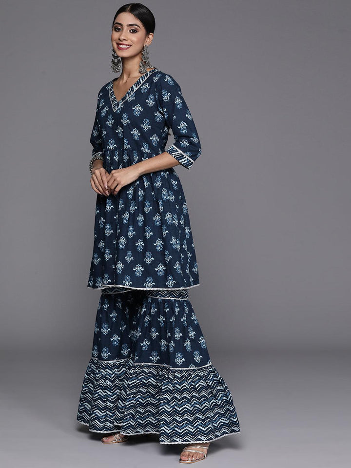 Blue Printed Cotton Anarkali Kurti With Sharara & Dupatta - Libas