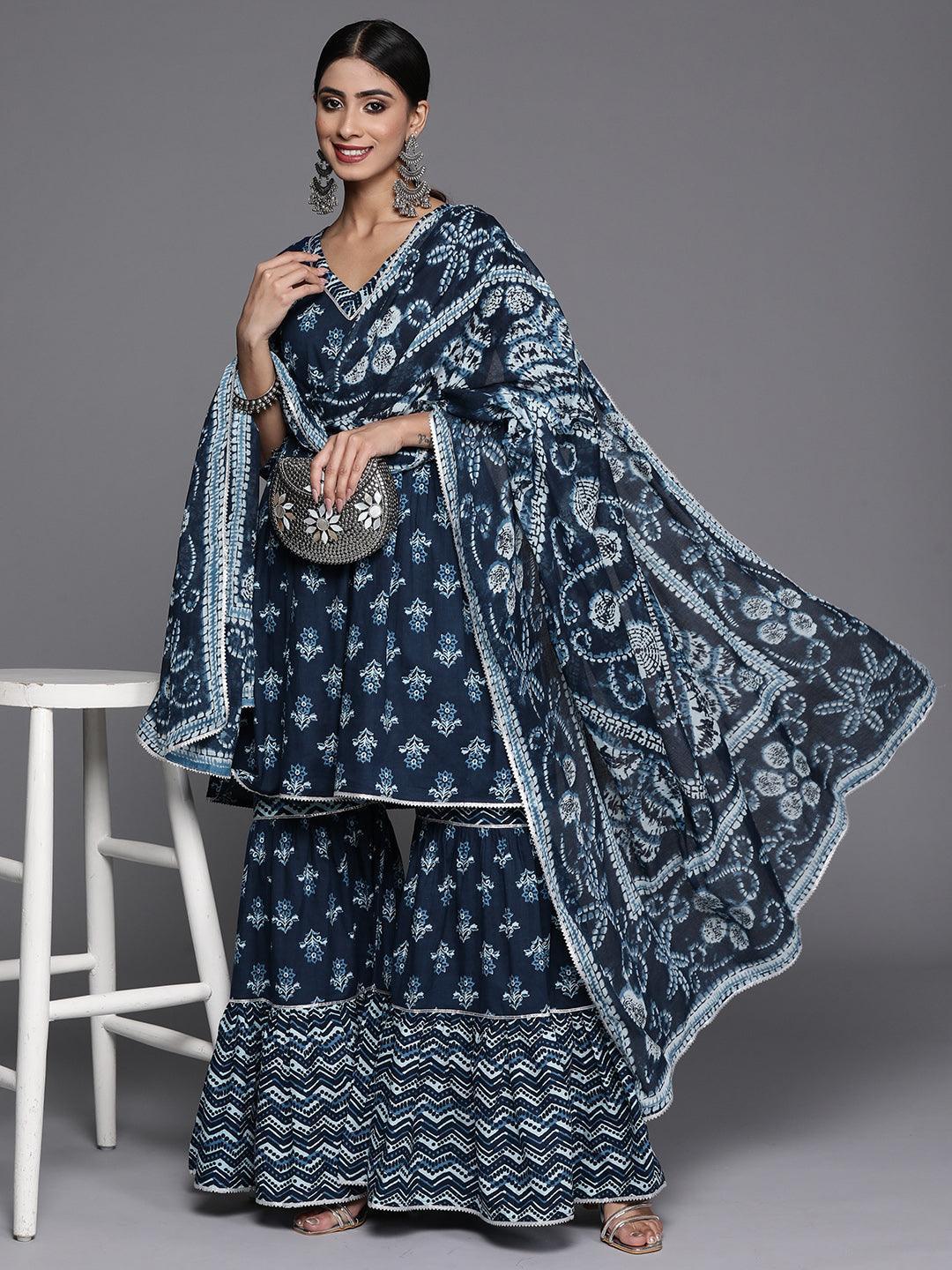 Blue Printed Cotton Anarkali Kurti With Sharara & Dupatta