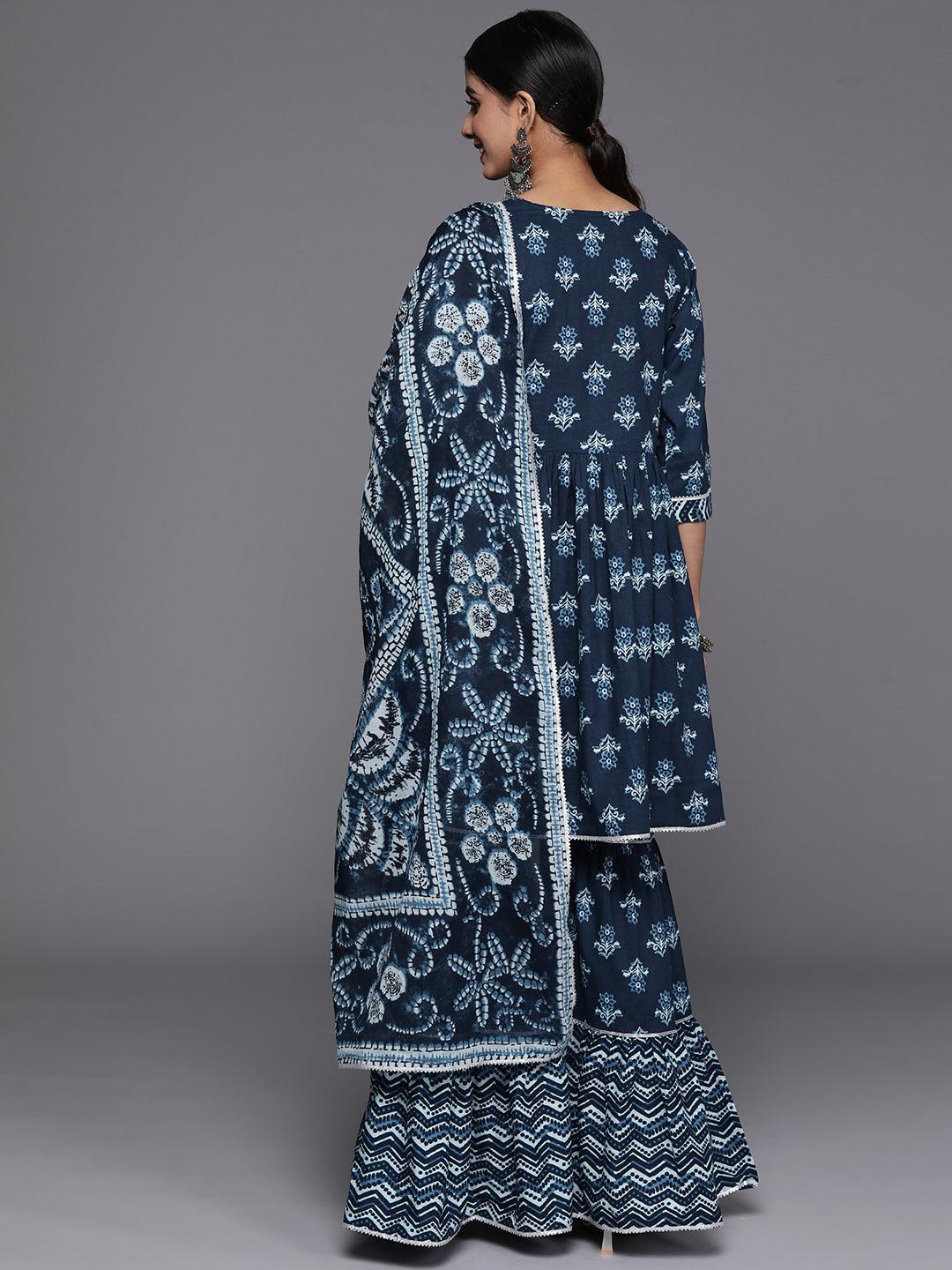 Blue Printed Cotton Anarkali Kurti With Sharara & Dupatta