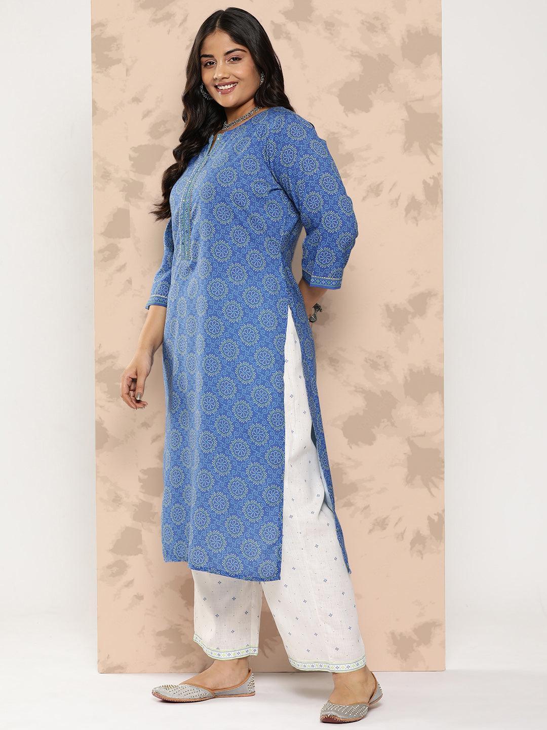 Blue Printed Cotton Blend Straight Kurta With Trousers