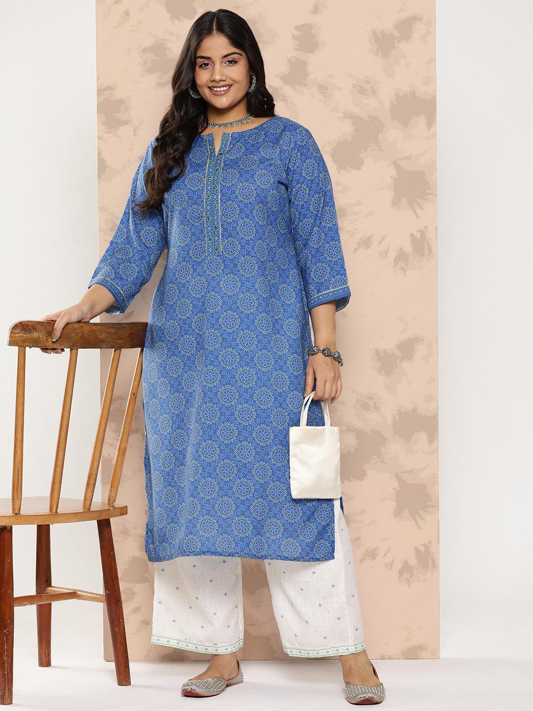 Blue Printed Cotton Blend Straight Kurta With Trousers