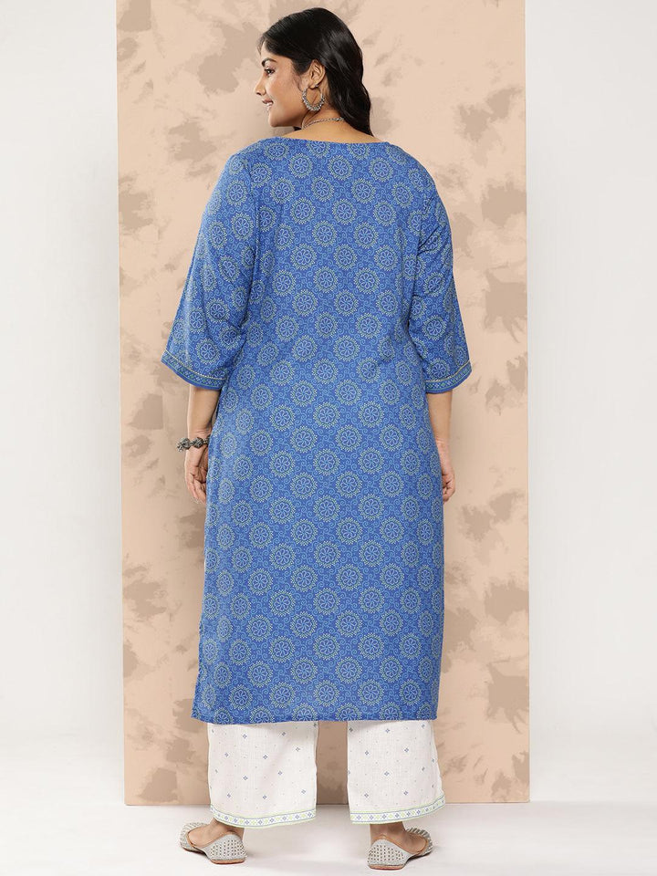 Blue Printed Cotton Blend Straight Kurta With Trousers - Libas