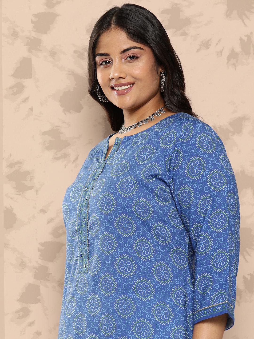 Blue Printed Cotton Blend Straight Kurta With Trousers