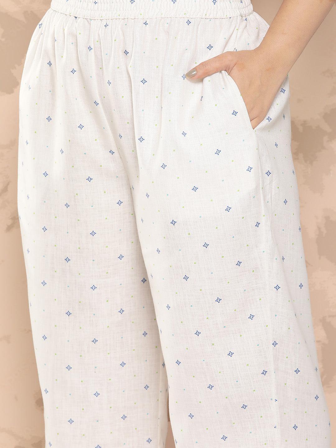 Blue Printed Cotton Blend Straight Kurta With Trousers